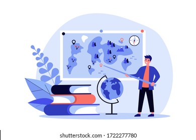 Geography teacher standing at blackboard, presenting travel world map to class. Positive man with globe and stack of books. Vector illustration for education, planet, lesson, learning concept