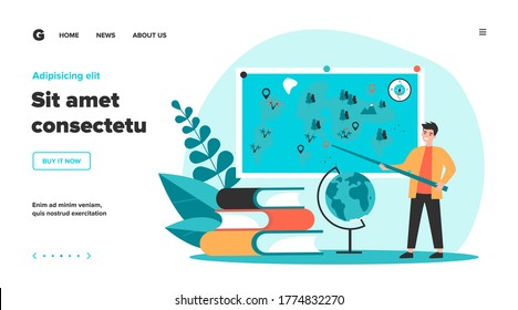 Geography teacher standing at blackboard, presenting travel world map to class. Positive man with globe and stack of books. Vector illustration for education, planet, lesson, learning concept