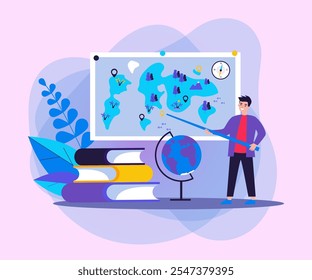 Geography teacher standing at blackboard, presenting travel world map to class. Positive man with globe and stack of books. Vector illustration for education, planet, lesson, learning concept