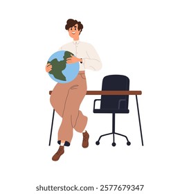 Geography teacher standing by desk with globe during lecture. Happy man lecturer speaking, teaching nature science in class, study room. Flat vector illustration isolated on white background