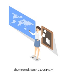 Geography teacher standing in classroom at the blackboard and pointing at the map. School or college lesson. Isolated vector isometric illustration