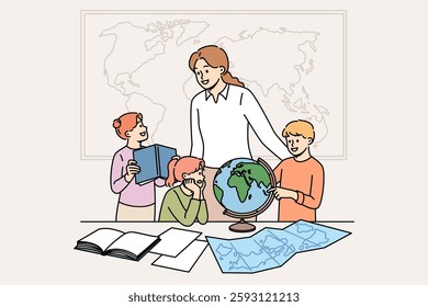 Geography teacher teaches small children using maps and globes or atlases, standing in classroom. Happy schoolchildren rejoice with interest learning new facts during geography lesson