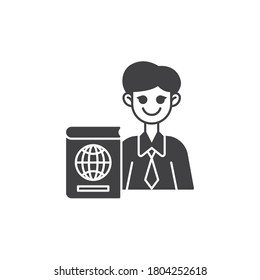 Geography teacher vector icon. filled flat sign for mobile concept and web design. Man teacher with geography book glyph icon. Symbol, logo illustration. Vector graphics