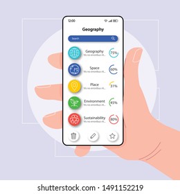 Geography textbook smartphone interface vector template. Mobile app page white design layout. Self-study tutorial screen. Flat UI for application. Hand holding phone with elearning tool on display