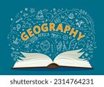 Geography textbook and symbols of education on school book, vector chalkboard background. Geography open textbook with chalk doodle of world landmarks and earth globe for student school study
