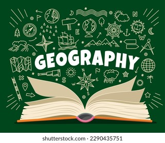 Geografisches Lehrbuch, Symbole und Symbole auf Schulboards. Vektorsketch-Kreikenkreik-Kompass, Schilder auf der Erde und auf der Weltkarte, offenes Buch, Windrose und Nordstar, Wolken und Pfeile auf schwarzem Hintergrund