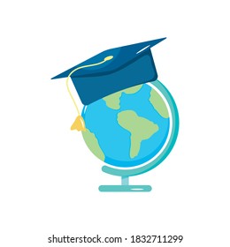 herramienta de geografía y icono del tapón de graduación sobre fondo blanco, estilo plano, ilustración vectorial