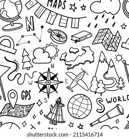 Geography and travel handwriting doodle icon or logo. School subject design. sign and symbol isolated on white background