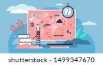 Geography vector illustration. Flat tiny atlas earth study persons concept. Abstract topography science and knowledge learning from teacher in school or university. Mapping and environment research.