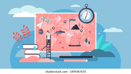 Ilustración vectorial de geografía. El concepto de las personas estudio de la tierra de los atlas planos diminutos. Ciencias de la topografía abstracta y aprendizaje del profesor en la escuela o universidad. Cartografía e investigación ambiental.