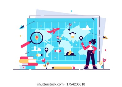 Geography vector illustration. Flat tiny atlas earth study persons concept. Abstract topography science and knowledge learning from teacher in school or university. Mapping and environment research.