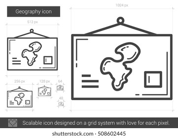 Geografische Vektorgrafik-Symbol einzeln auf weißem Hintergrund. Geography Line Symbol für Infografik, Website oder App. Skalierbares Symbol, das auf einem Gittersystem entworfen wurde.