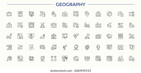 Conjunto de iconos de línea de Vector de geografía. Incluye símbolos de línea delgada, tierra, geológicos, minería, geología y más. Colección geológica lineal de iconos. Iconos lineales mínimos. Ilustración vectorial editable.