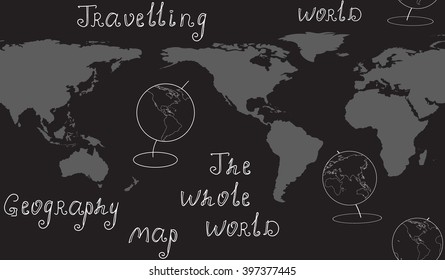 Geography vector seamless pattern with map, globes and handwritten words. Elements of this image furnished by NASA
