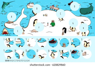 Geography Visual Game: Antarctica. Task: Find missing pieces. Illustration is in eps10 vector mode, solution in hidden layer.