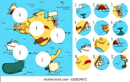 Geography Visual Game: Australia. Task: Find missing pieces. Illustration is in eps10 vector mode, solution in hidden layer.