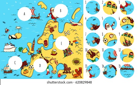 Geography Visual Game: Europe. Task: Find missing pieces. Illustration is in eps10 vector mode, solution in hidden layer.