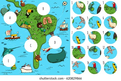 Geography Visual Game: South America. Task: Find missing pieces. Illustration is in eps10 vector mode, solution in hidden layer.