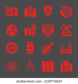 geography web icons. Map and Map, Planet earth and Volcano symbol, vector signs