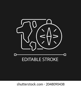 Geography white linear icon for dark theme. Compass against background of map. Round-the-world trip. Thin line customizable illustration. Isolated vector contour symbol for night mode. Editable stroke