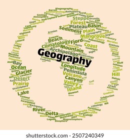 Geography Word Cloud. Composition of Words Related to Geography Terminology for Educational Use. Isolated Background.