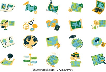 Geografie- und Weltkartenabbildungen, Vektorgrafik. Entwurfsvorlage für Illustrationssymbole für Web Mobile UI-Element.