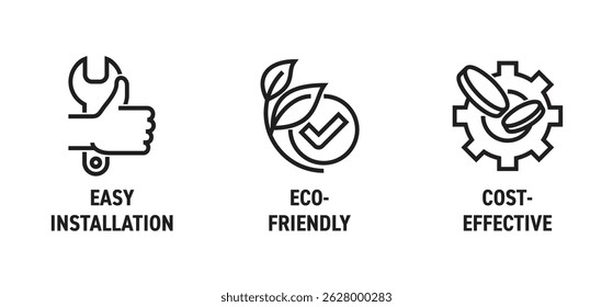 Geogrid - soil reinforcement properties icons set. Easy installation, Eco-friendly and Cost-effective. Pictograms for labeling in bold line