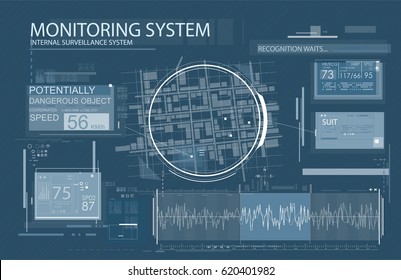 Geolocation by GPS, positioning on the ground, application by surveillance on the map in HUD style design. App navigation UI UX