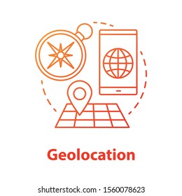 Geolocation concept icon. GPS navigation idea thin line illustration. Search route, choose travel destination. Map with geotag. Navigator application. Vector isolated outline drawing