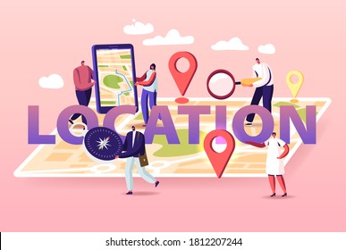 Geolocation Concept. Tiny Characters at Huge Location Map, People Use Online Smartphone Application Search Route, Distances, Gps Navigation Positioning Poster Banner Flyer. Cartoon Vector Illustration