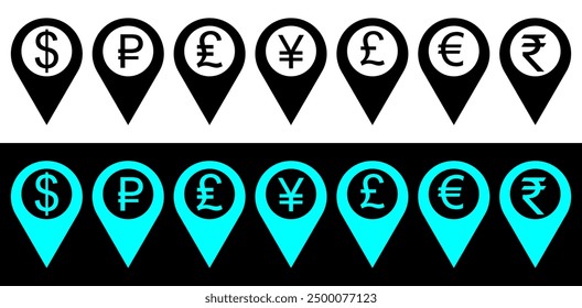 Geolocation with currency sign symbol. Pound, Rupee, Euro, Ruble, Yen, Dollar sign.