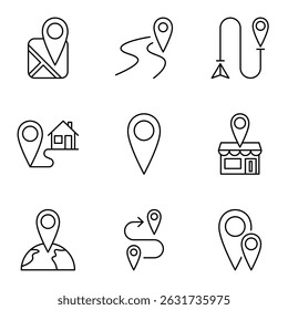 Símbolos de localização geográfica e direção projetados para interfaces GPS, móveis e digitais. Ilustração vetorial.