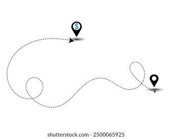 Geolocation with dollar currency symbols dashed line arrow route path location pin with winding vector.