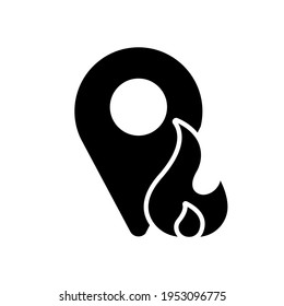 Geolocation of fire glyph icon. Firefighters. Rescue service. Thin line customizable illustration. Contour symbol. Vector isolated outline drawing.