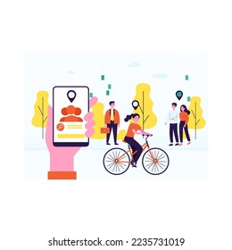 Geolocation function in modern gadgets. Flat vector illustration. Hand holding smartphone determining location of each person, city dwellers. Geolocation, privacy, technology