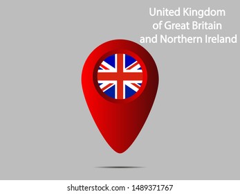 Geolocation or geotag sign with Beautiful national flag of United Kingdom of Great Britain and Northern Ireland, original colors and proportion. Simply vector illustration, from countries flag set