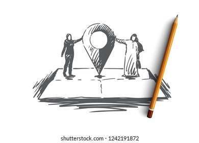 Geolocation, GPS, map, muslim, businessman concept. Hand drawn arab people with navigation pin concept sketch. Isolated vector illustration.