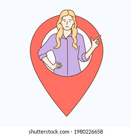 Geolocation, gps navigation, online map, gps pin, correct way location address concept. Woman girl showing peoples location in current moment on map.