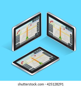 Geolocation gps navigation touch screen tablet. Mobile GPS Navigation. Tablet PC. Mobile Technologies Concept. Flat 3d vector isometric illustration  