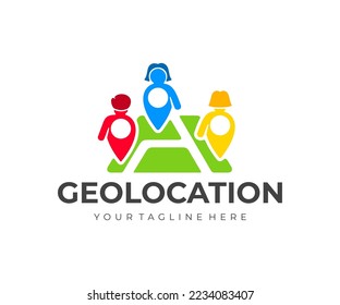 Geolocation gps tag in the form of people, location pin on map, logo design. Navigation, GPS navigation, pin pointer, geotag and destination, vector design and illustration