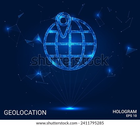 Geolocation hologram. The geolocation planet consists of polygons, triangles of dots and lines. The geolocation icon with a low-poly connection structure. The vector of the technology concept.