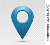 The geolocation icon is blue with highlights on a transparent background. Realistic pin code icon of the geolocation map. Vector illustration.