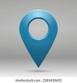 The geolocation icon is blue with highlights on a gray gradient background. Realistic pin code icon of the geolocation map. Vector illustration.