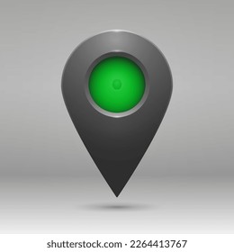 The geolocation icon is dark gray with highlights, shadows and a green insert on a gradient background. Realistic geolocation map pin code icon. Vector EPS 10.