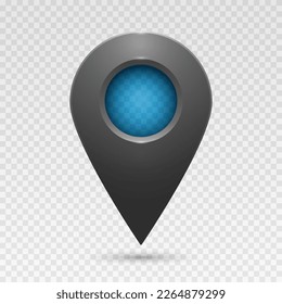 The geolocation icon is dark gray with highlights and a blue insert on a transparent background. Realistic geolocation map pin code icon. Vector EPS 10.