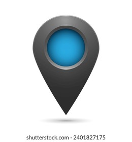 El icono de geolocalización es gris con resaltados y una inserción azul en un fondo blanco. Icono de código de pin del mapa de geolocalización realista. EPS vectorial 10.