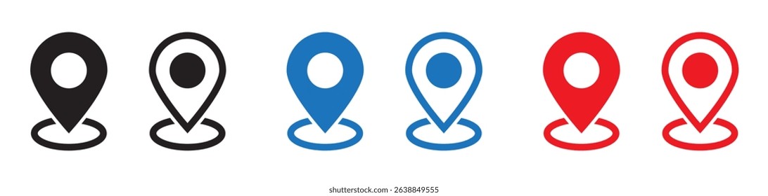 Geolocation icon. Location map icon. Red, black and blue maps pin.