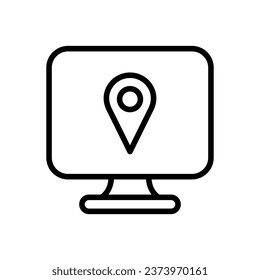 Geolocation icon on the computer. Outline, geolocation on the screen, GPS functions. Vector icons