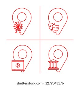 Geolocation icon pack. Set of Geolocation signs with icons for your web site design, logo, app, UI.  Icons of the theater, amusement park, cinema, museum. Vector illustration EPS10.