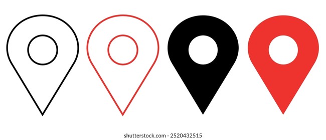 Conjunto de ícones de geolocalização com contorno e desenhos sólidos em preto e vermelho. Ilustração vetorial.